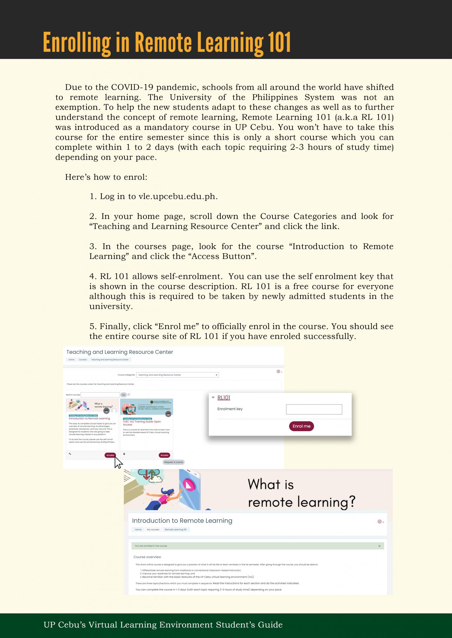 Enrolling in Remote Learning 101 at UPC VLE - UP Cebu TLRC
